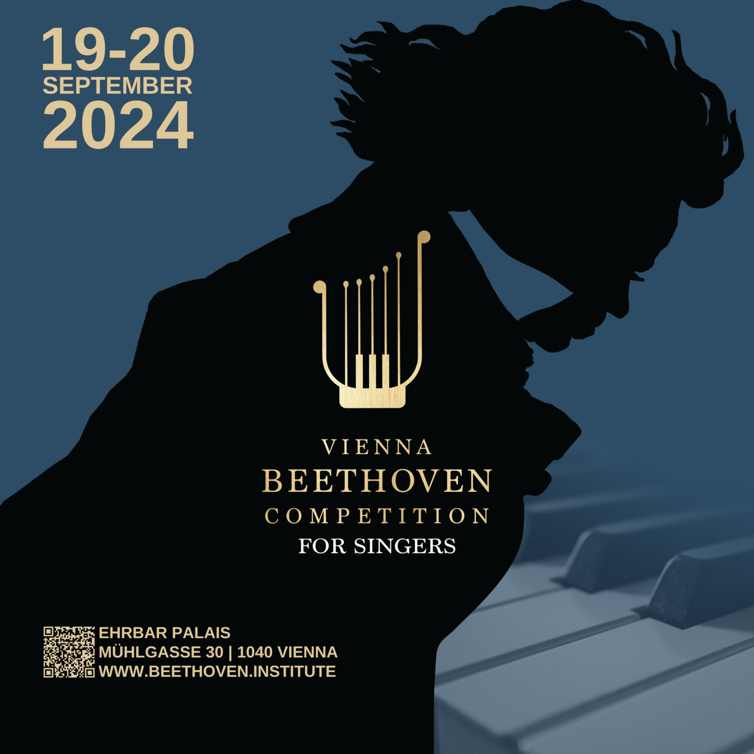 Poster für den Vienna Beethoven Competition 2024 für Sänger*innen mit blauem Hintergrund, eine Silhouette von Ludwig van Beethoven. Der Wettbewerb findet am 19. und 20. September 2024 im Ehrbar Palais, Mühlgasse 28-30, 1040 Wien, statt.