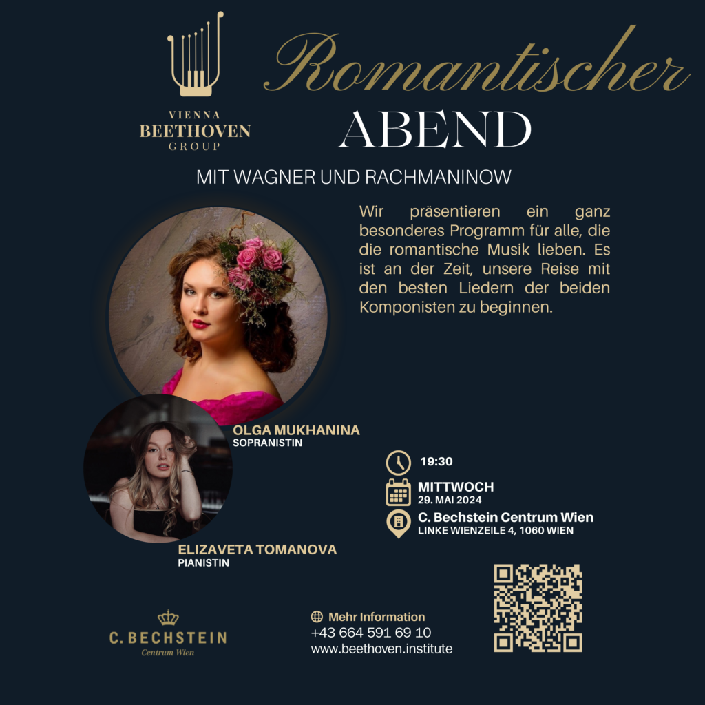 Poster für den romantischen Abend im C. Bechstein Centrum Wien am 29. Mai 2024, mit Olga Mukhanina und Elizaveta Tomanova