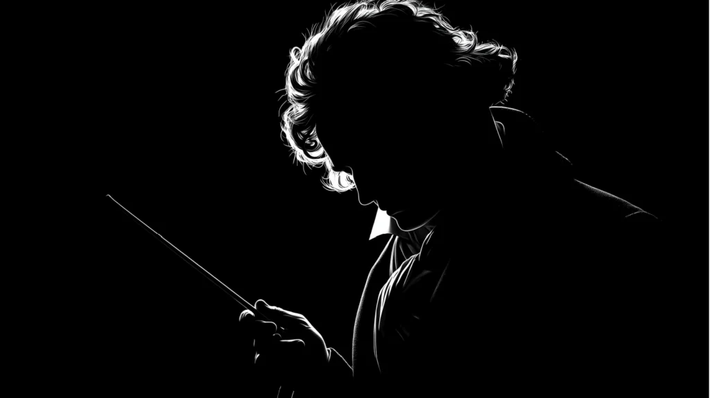 Beethoven als Dirigent, der seinen Taktstock erhebt – Silhouette vor schwarzem Hintergrund